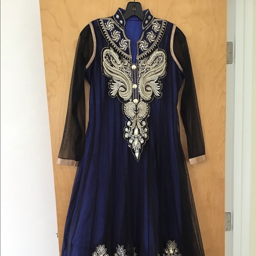 Black net with Navy blue gold new dress Anarkali